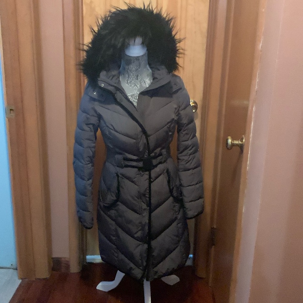 Tommy Hilfiger Coat, XS, Dark Gray with Black & Fur Trim
